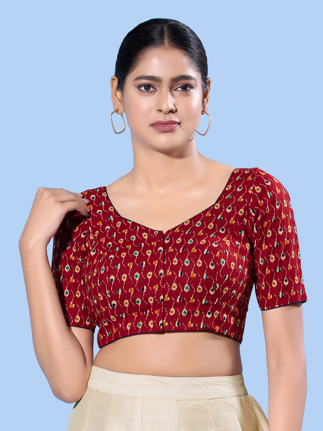 Cotton Printed Basic Elbow Sleeeves Blouse