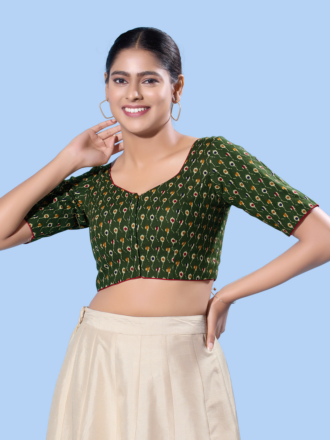 Cotton Printed Basic Elbow Sleeeves Blouse