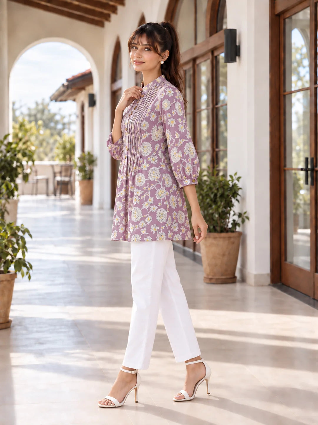 Lilac Floral Jaal Pintuck Tunic in Cotton