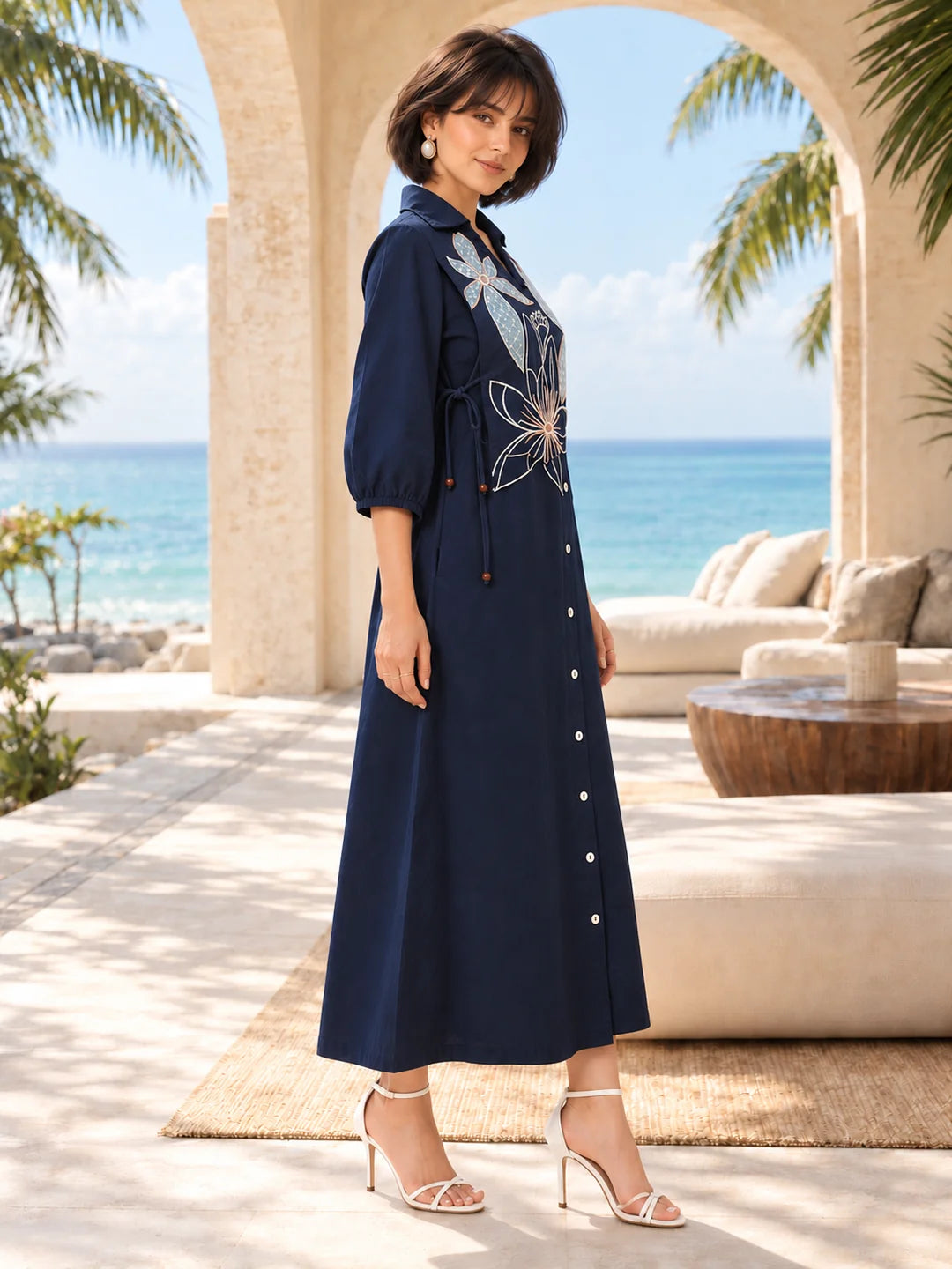 Navy Blue Floral Vest Tie-Up Dress in Cotton Flex