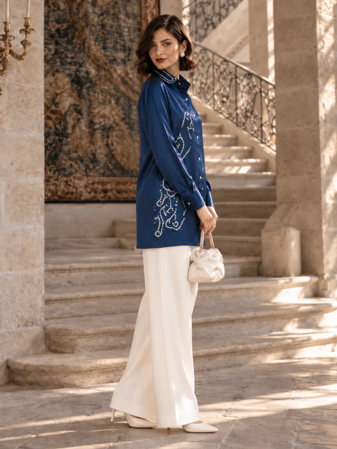 Deep Sea Blue Embroidered Collar Hand-Tied Pure Bandhani Shirt in Gajji Silk