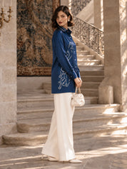 Deep Sea Blue Embroidered Collar Hand-Tied Pure Bandhani Shirt in Gajji Silk