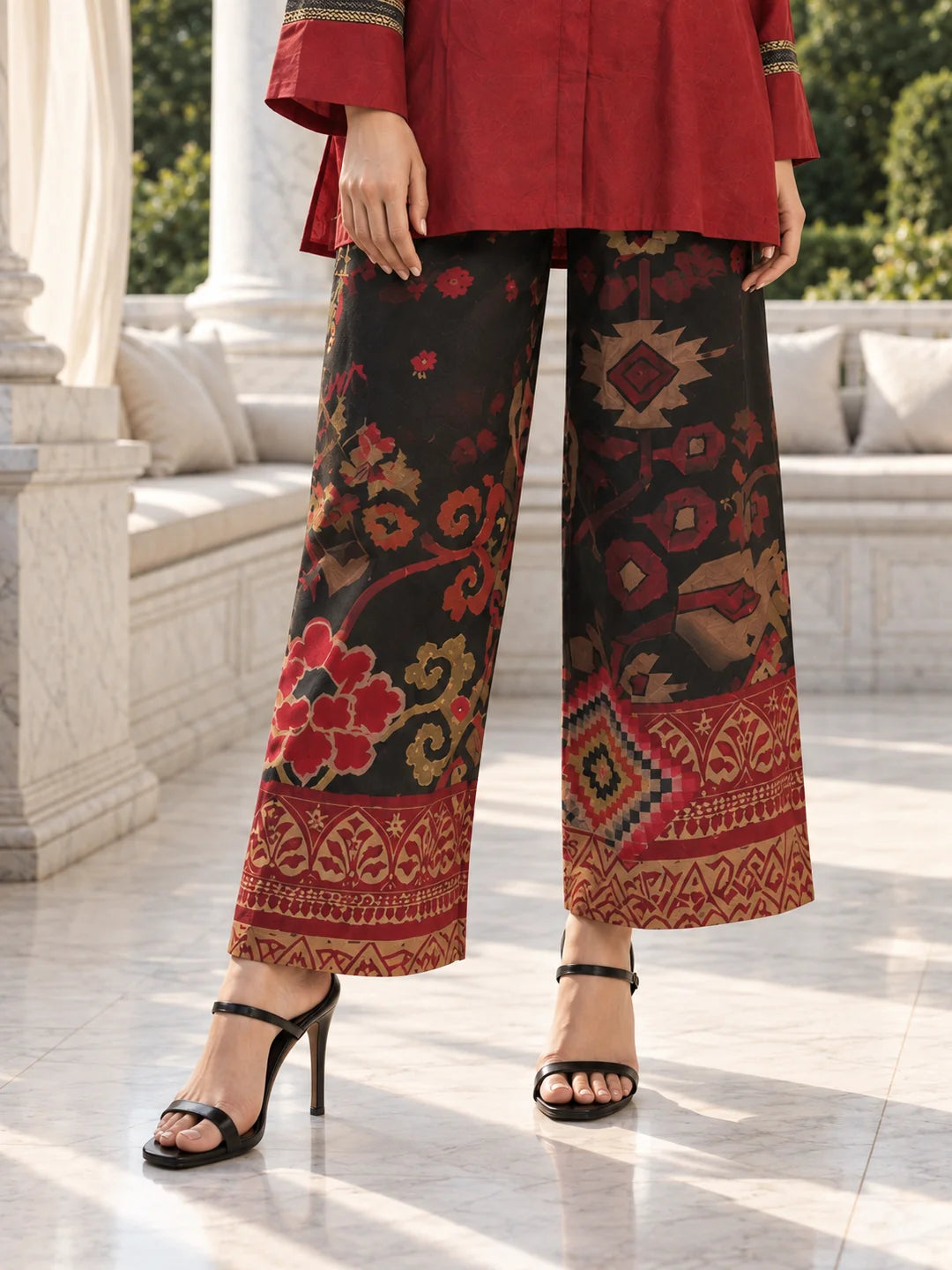 Maroon and Black Yoke Embroidered Printed Co-ord Set in Muslin