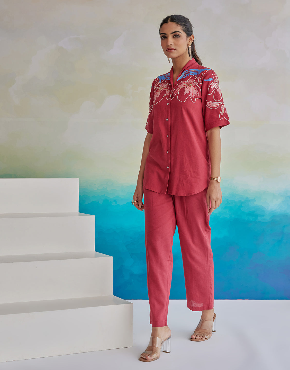 Red Floral Twist Thread Embroidery Work Viscose Flex Tunic Shirt and Pant Co-ord Set - Kaftanize
