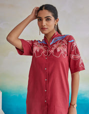 Red Floral Twist Thread Embroidery Work Viscose Flex Tunic Shirt and Pant Co-ord Set - Kaftanize