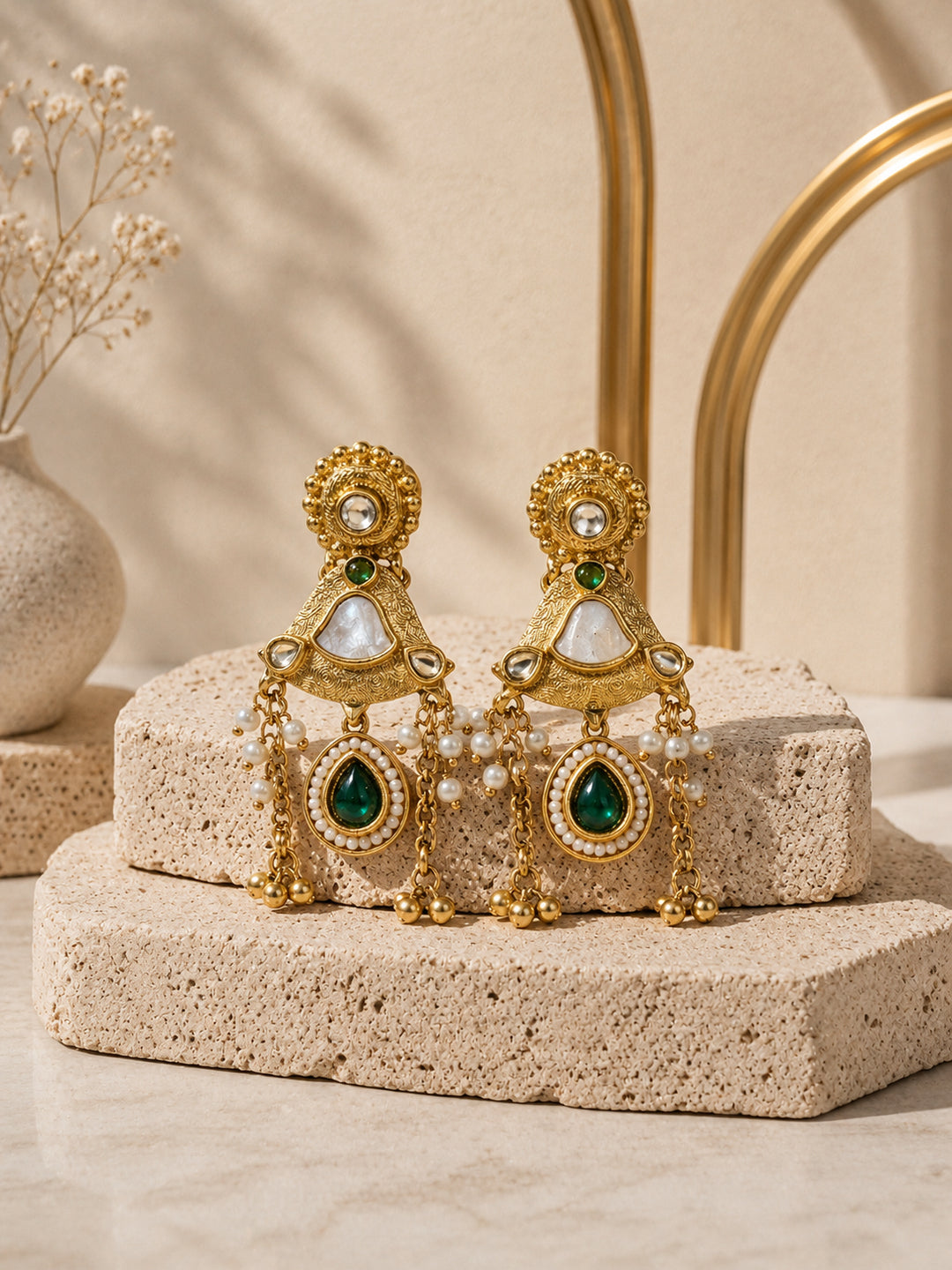 Venyora MOGRA Gold-Plated Drop Earrings – White Green