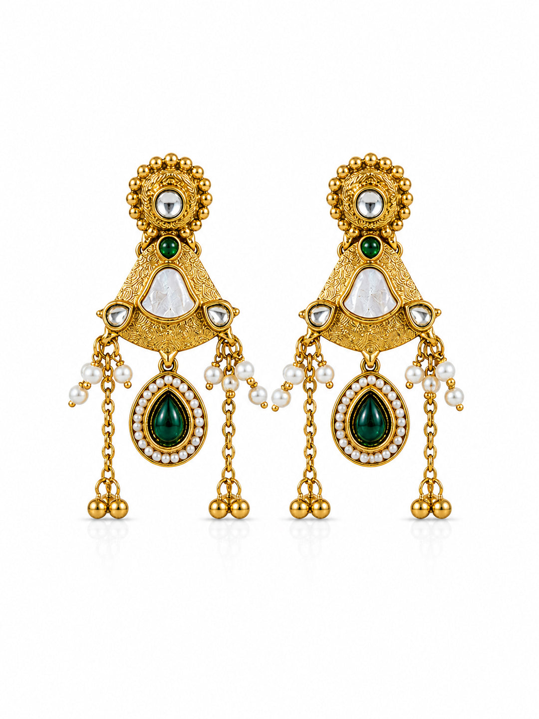 Venyora MOGRA Gold-Plated Drop Earrings – White Green