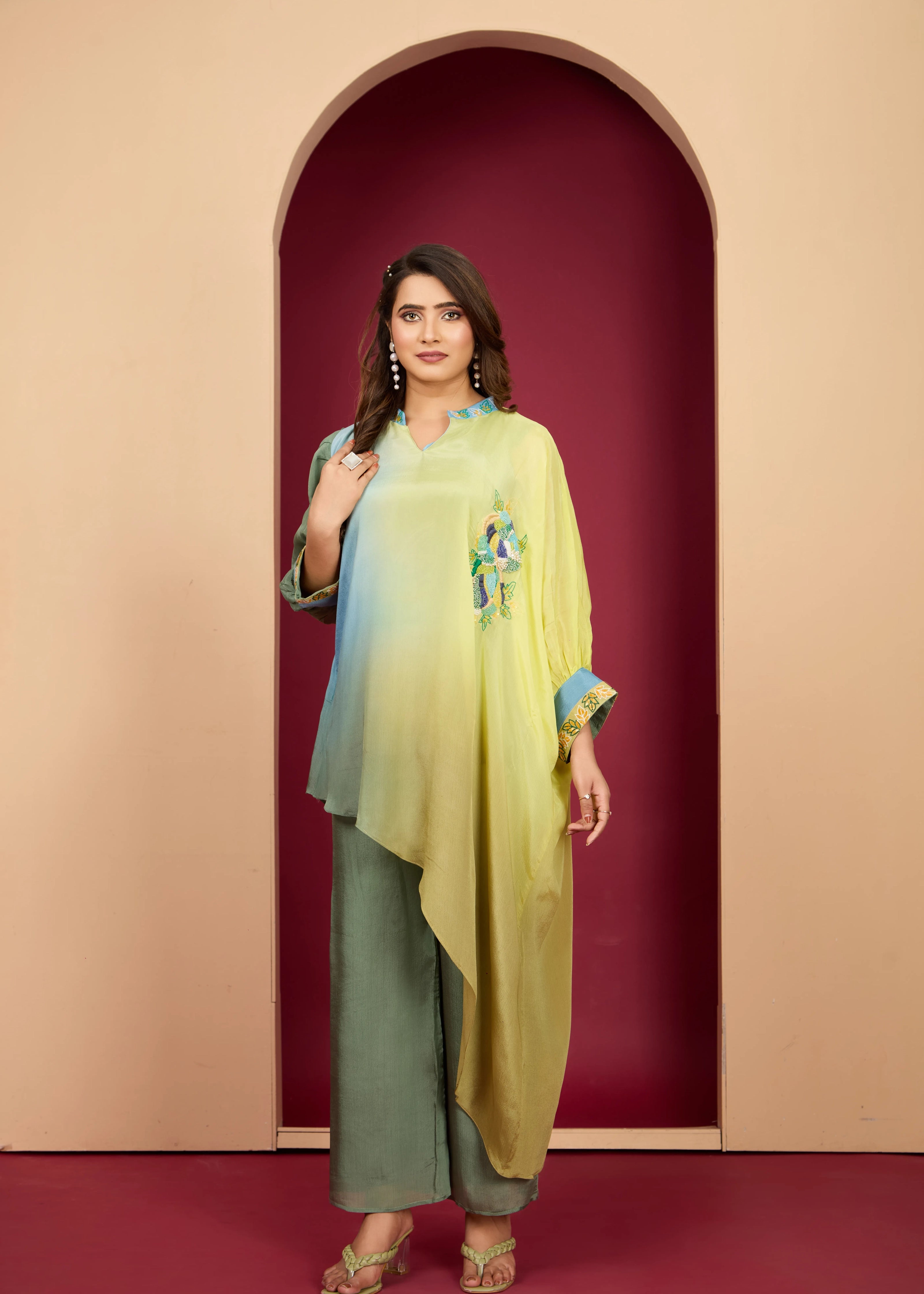 Olive Green & Lemon Yellow Embroidered Chinon Co-Ord Set