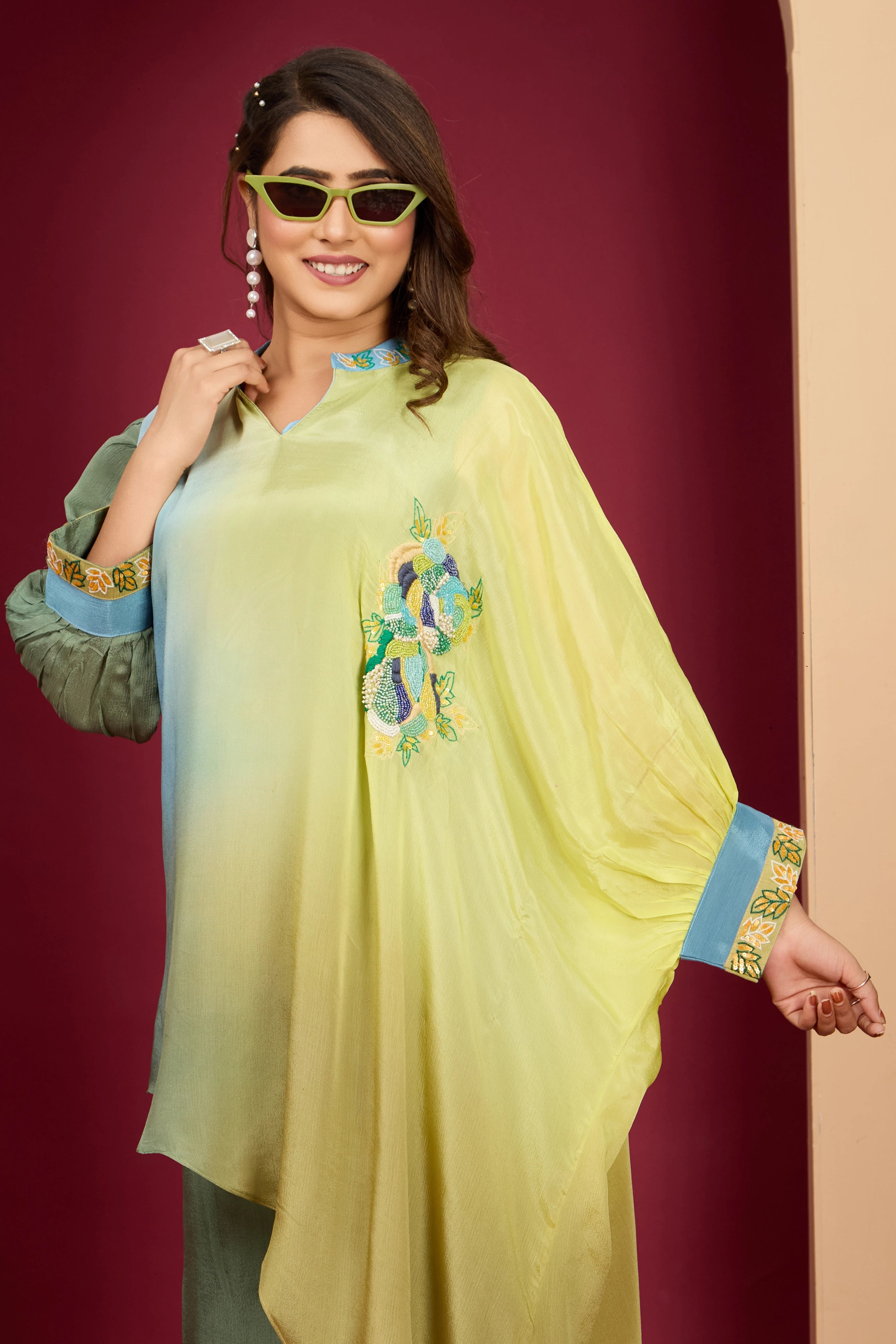 Olive Green & Lemon Yellow Embroidered Chinon Co-Ord Set