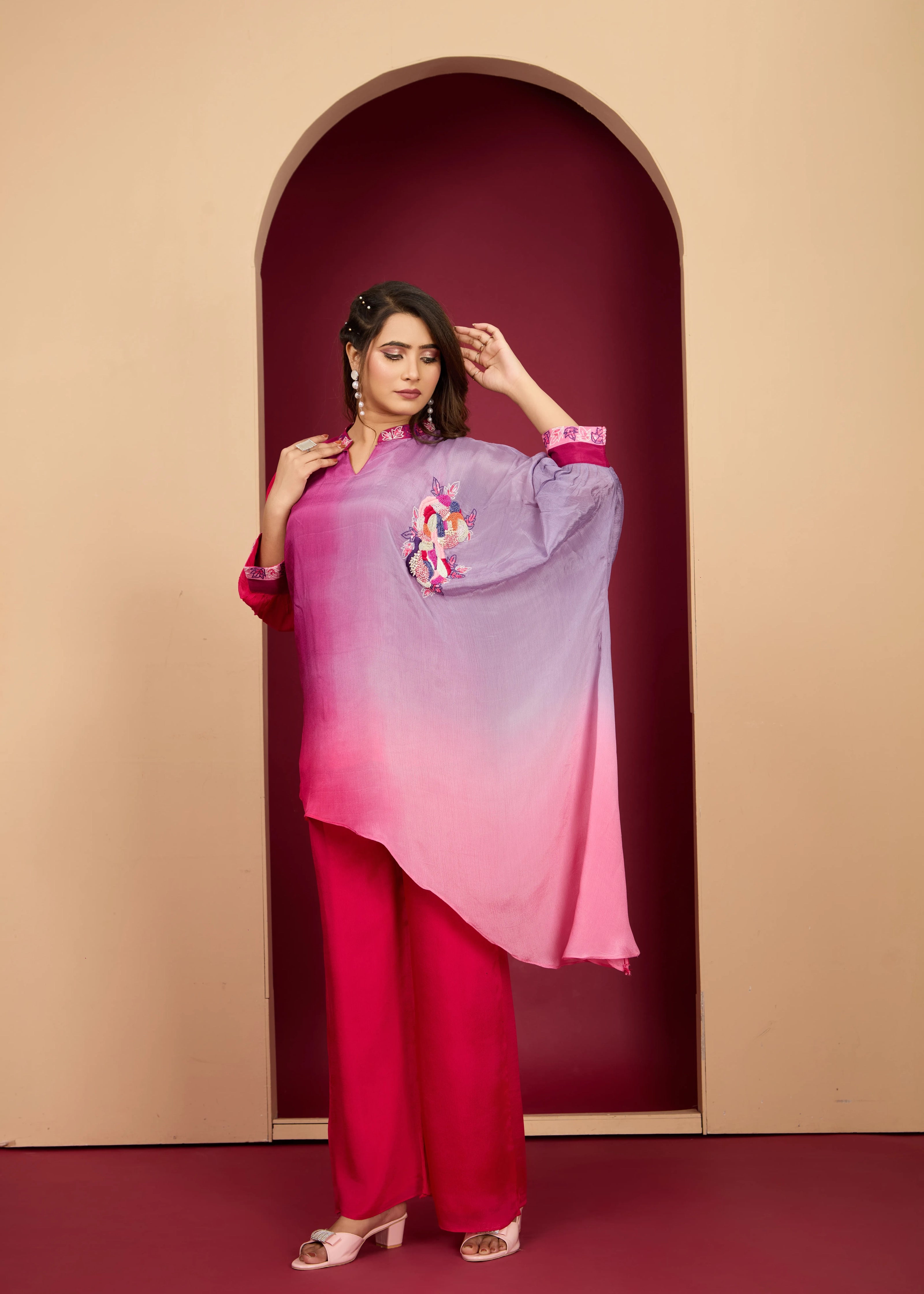 Magenta Pink & Purple Embroidered Chinon Co-Ord Set