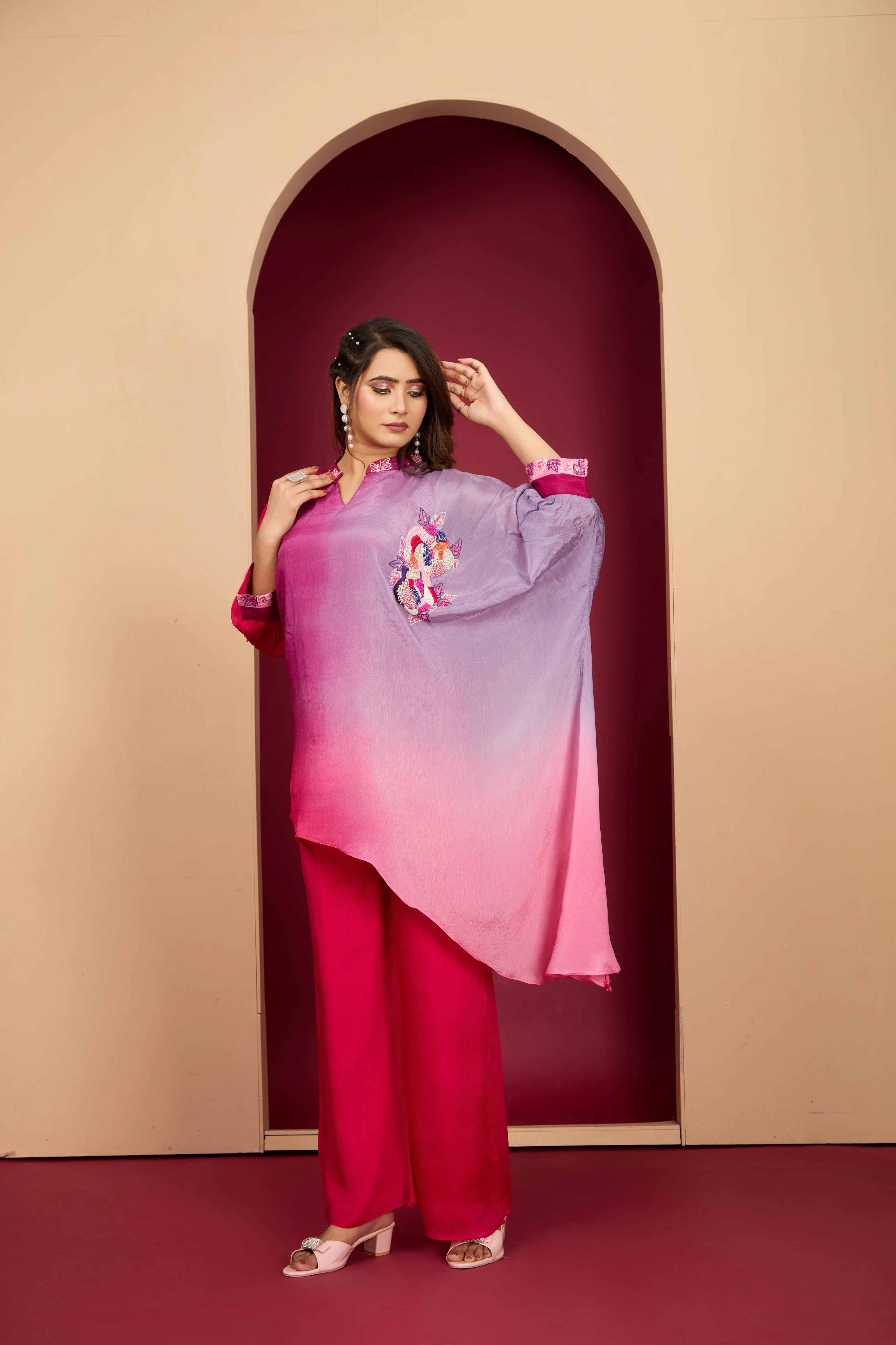 Chi Non Magenta Pink & Purple Embroidered Chinon Co-Ord Set – Kaftanize