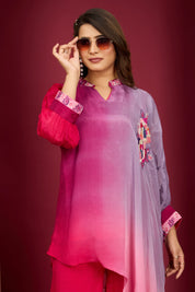 Magenta Pink & Purple Embroidered Chinon Co-Ord Set