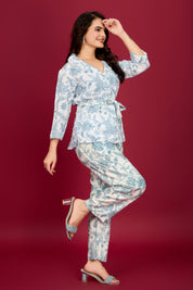 Sky Blue Tropical Printed Viscose Flex  Print Tie-Front Co-Ord Set