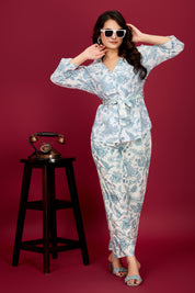 Sky Blue Tropical Printed Viscose Flex  Print Tie-Front Co-Ord Set