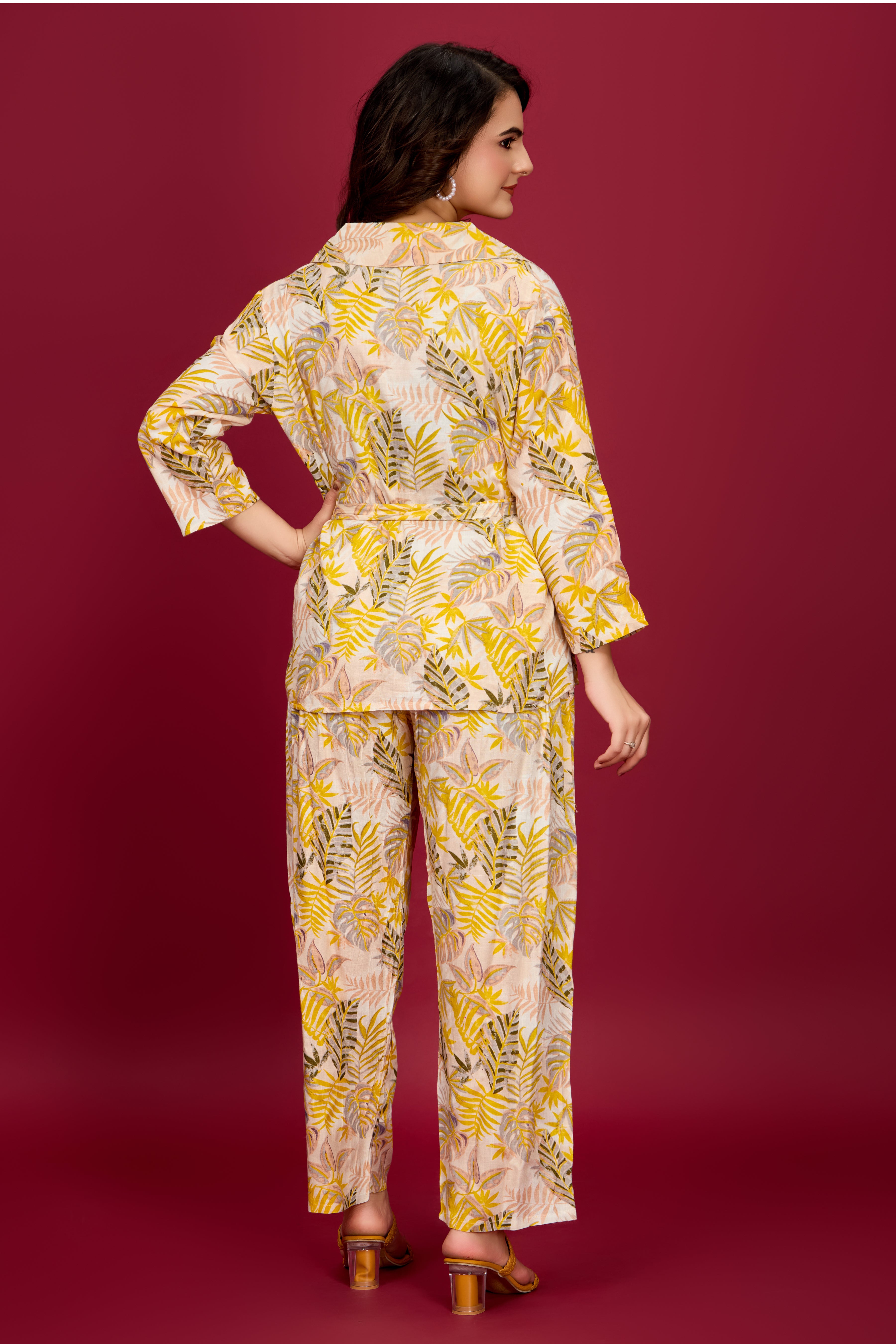 Canary Yellow & Green Leaf Viscose Flex  Print Tie-Front Co-Ord Set