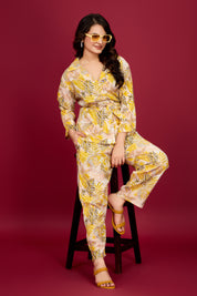 Canary Yellow & Green Leaf Viscose Flex  Print Tie-Front Co-Ord Set