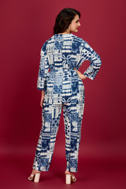 Navy blue Cream Abstract Viscose Flex  Print Tie-Front Co-Ord Set