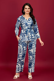 Navy blue Cream Abstract Viscose Flex  Print Tie-Front Co-Ord Set