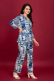 Navy blue Cream Abstract Viscose Flex  Print Tie-Front Co-Ord Set