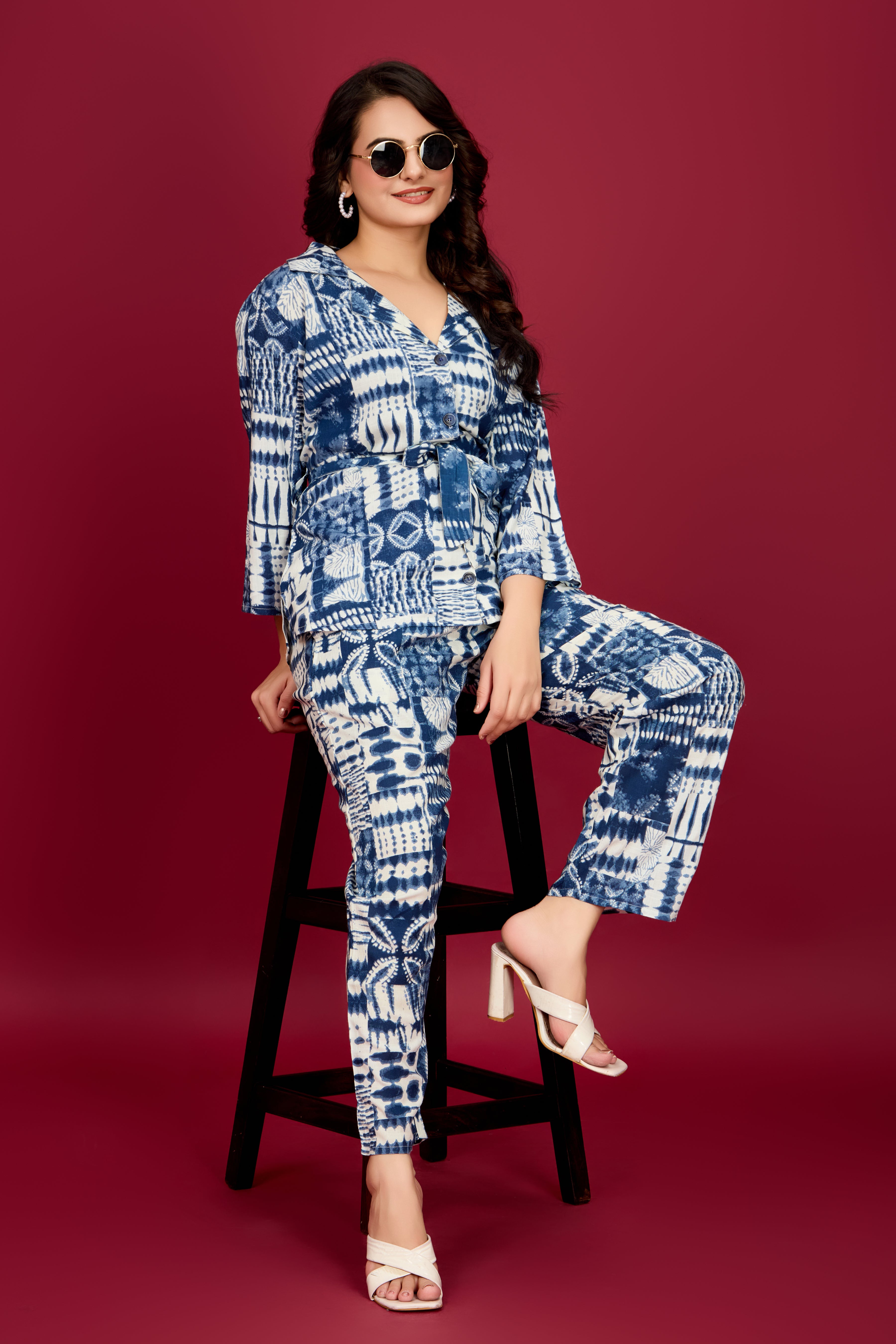 Navy blue Cream Abstract Viscose Flex  Print Tie-Front Co-Ord Set