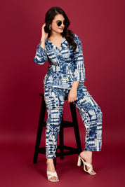 Navy blue Cream Abstract Viscose Flex  Print Tie-Front Co-Ord Set