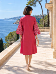 Pink Wide Bow-Tie Floral Cutwork A-Line Dress in Cotton Poplin