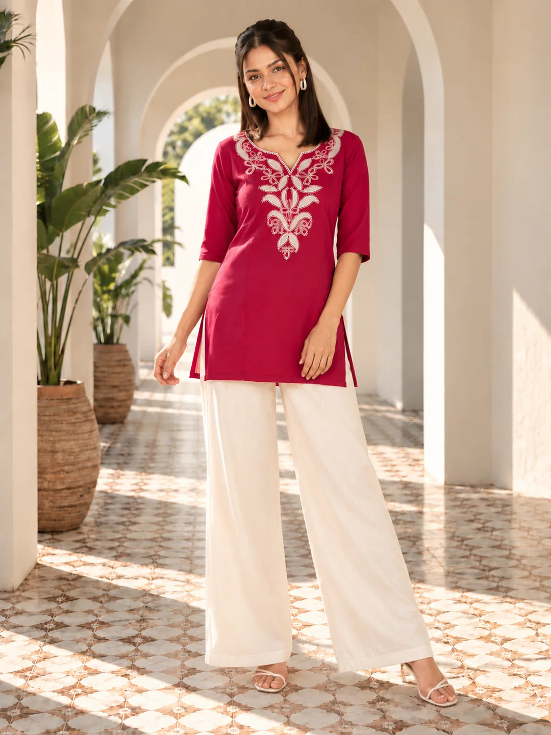Magenta Pink Embroidered Yoke Short Kurti in Rayon