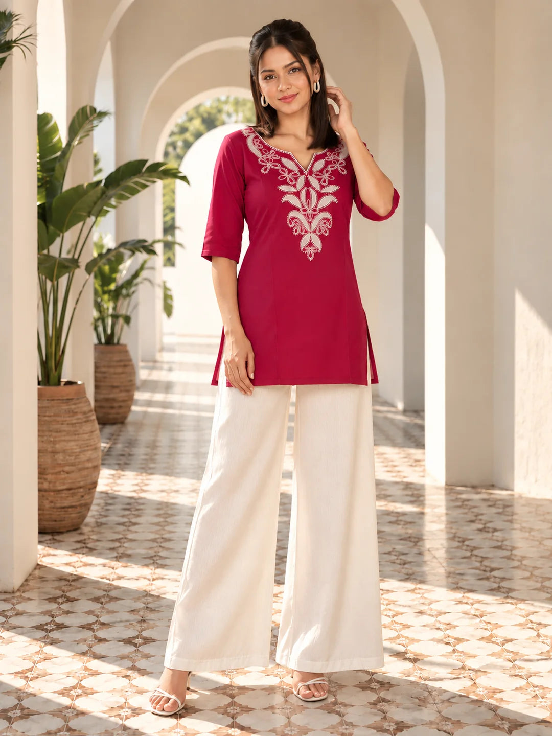 Magenta Pink Embroidered Yoke Short Kurti in Rayon