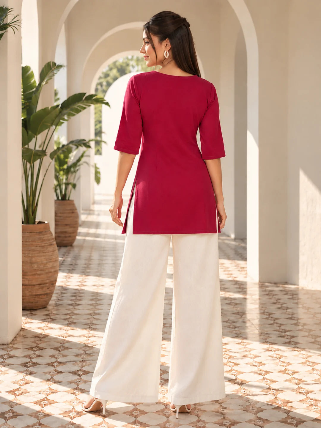 Magenta Pink Embroidered Yoke Short Kurti in Rayon