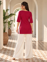 Magenta Pink Embroidered Yoke Short Kurti in Rayon