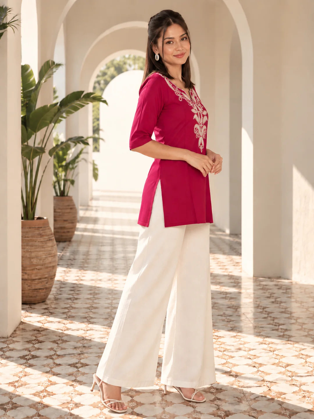 Magenta Pink Embroidered Yoke Short Kurti in Rayon