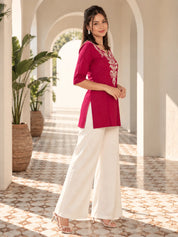Magenta Pink Embroidered Yoke Short Kurti in Rayon
