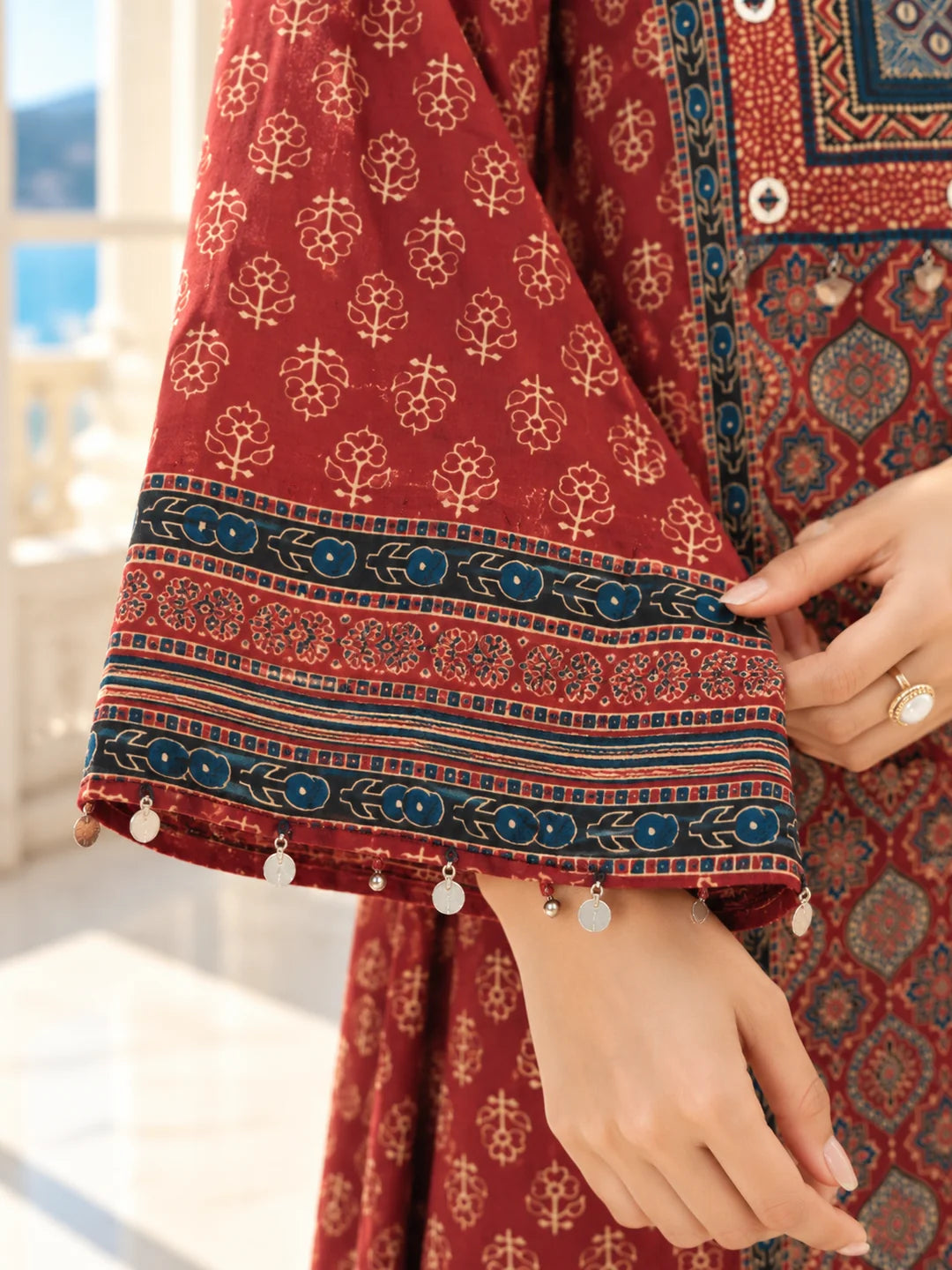Maroon Patch Print High-Low Co-ord Set in Muslin
