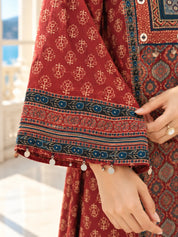 Maroon Patch Print High-Low Co-ord Set in Muslin