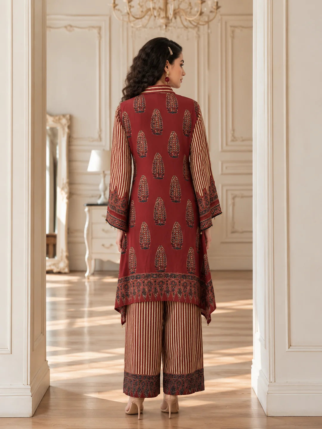 Maroon & Beige High-Low Mirror Embellished Patch Print Co-ord Set in Crepe