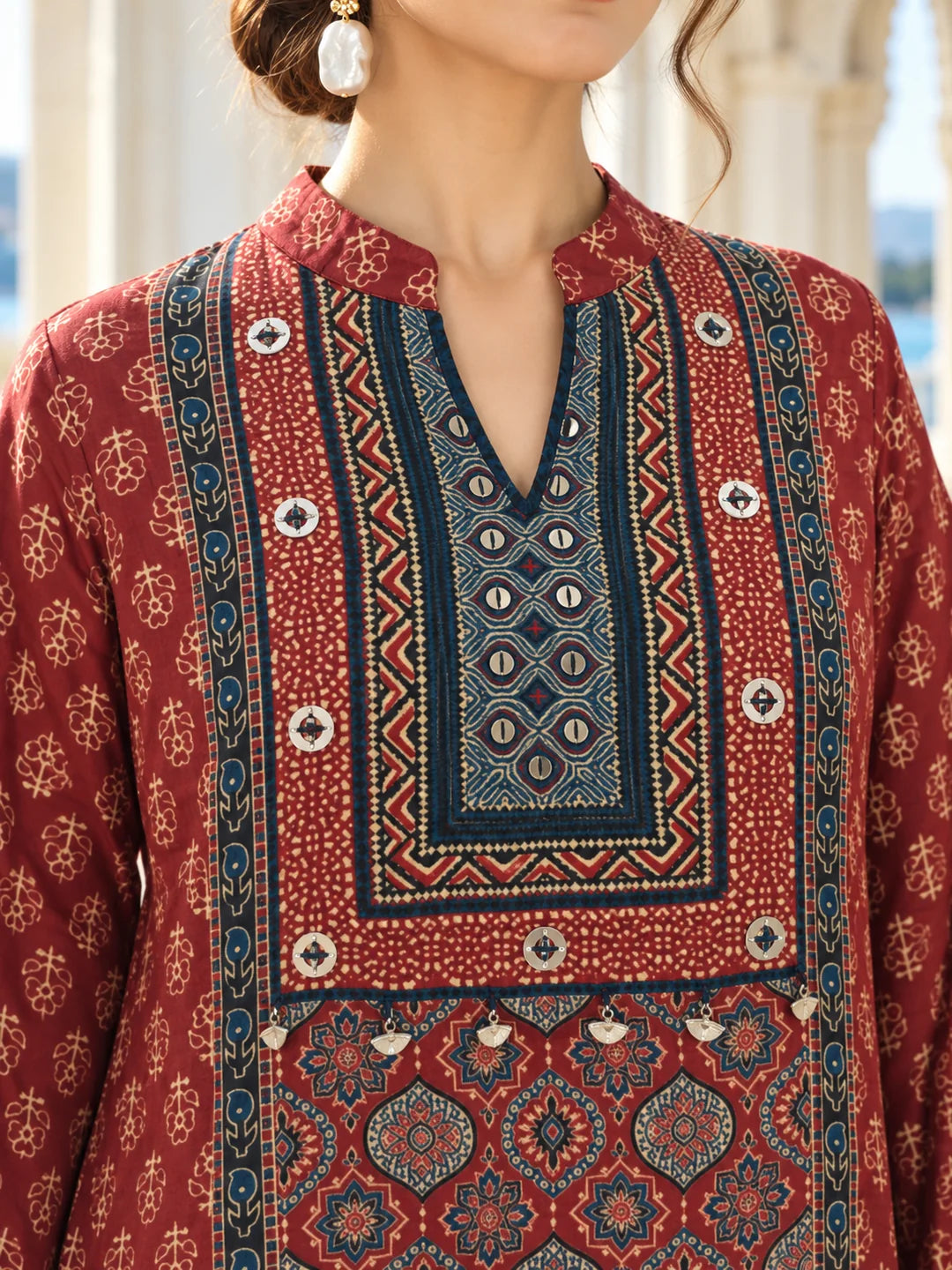 Maroon Patch Print High-Low Co-ord Set in Muslin