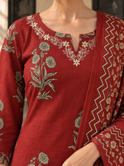 Red Embroidered Neck Floral Buta Kurta Set with Printed Dupatta in Cotton