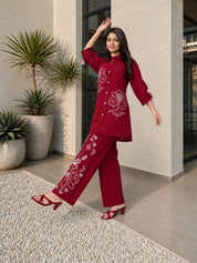 Maroon Embroidered Kurta With Pants