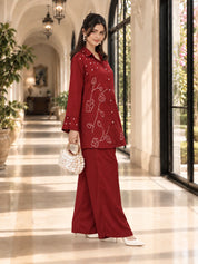 Maroon Hand-Tied Pure Bandhani Co-ord Set in Gajji Silk