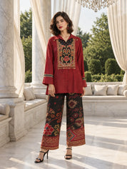 Maroon and Black Yoke Embroidered Printed Co-ord Set in Muslin