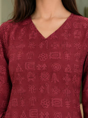 Dark Red Tribal Print Side-Tie Short Kurti in Cotton
