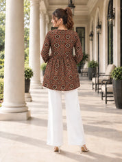 Mud Brown Tie-Neck Geometric Floral Peplum Short Kurti in Cotton