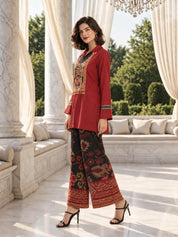 Maroon and Black Yoke Embroidered Printed Co-ord Set in Muslin