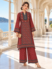 Maroon Patch Print High-Low Co-ord Set in Muslin
