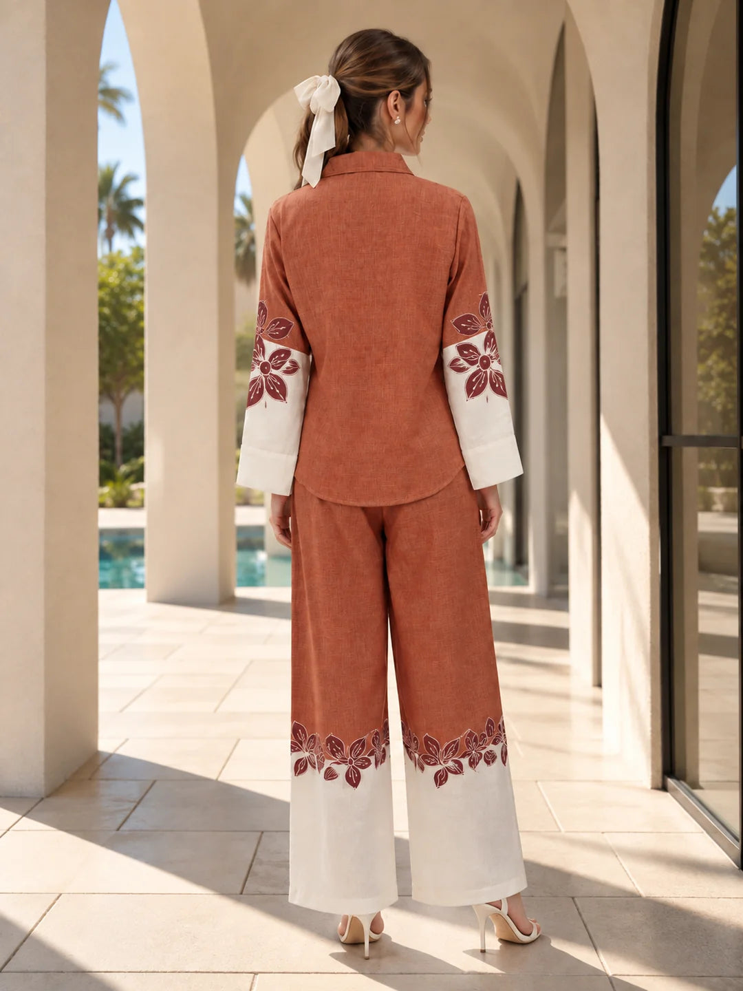 Rust Orange & White Floral Contrast Shirt Co-ord Set in Cotton Linen
