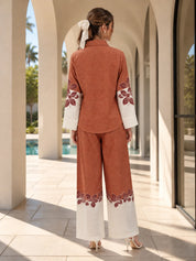 Rust Orange & White Floral Contrast Shirt Co-ord Set in Cotton Linen