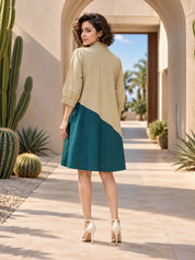 Green and Beige Floral Panel Dress in Cotton Flex