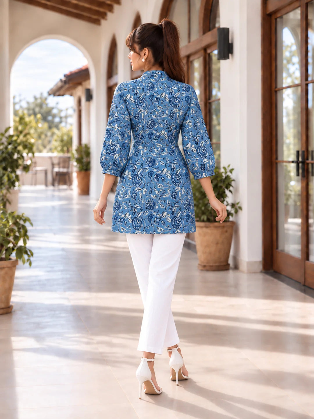Blue Floral Jaal Pintuck Tunic in Cotton