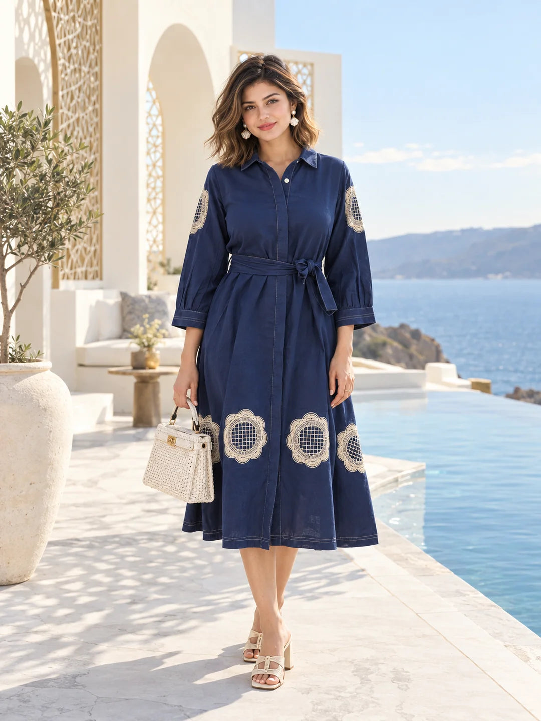 Denim Blue Floral Embroidered A-Line Dress in Cotton Denim