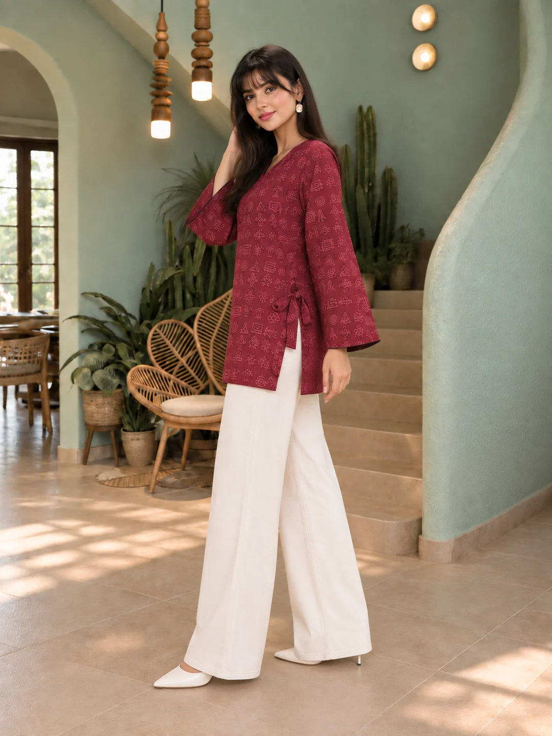 Dark Red Tribal Print Side-Tie Short Kurti in Cotton